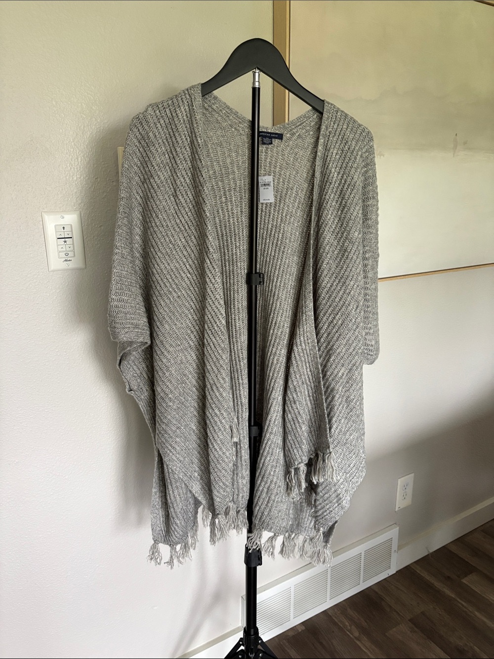 American Eagle Outfitters Gray Fringe Open-Front Poncho Sweater